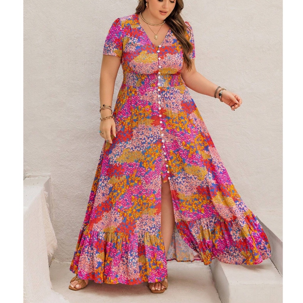 Plus Boho Floral Print Button Down Ruffle Hem Maxi Dress - Picture 3 of 5